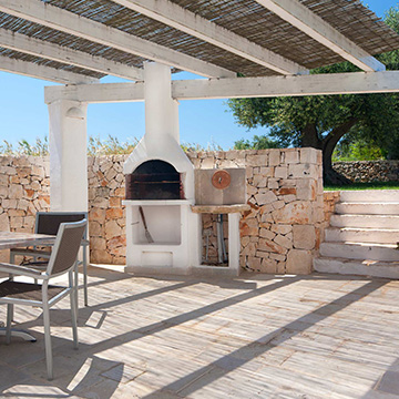 Outdoor dining area with pizza oven